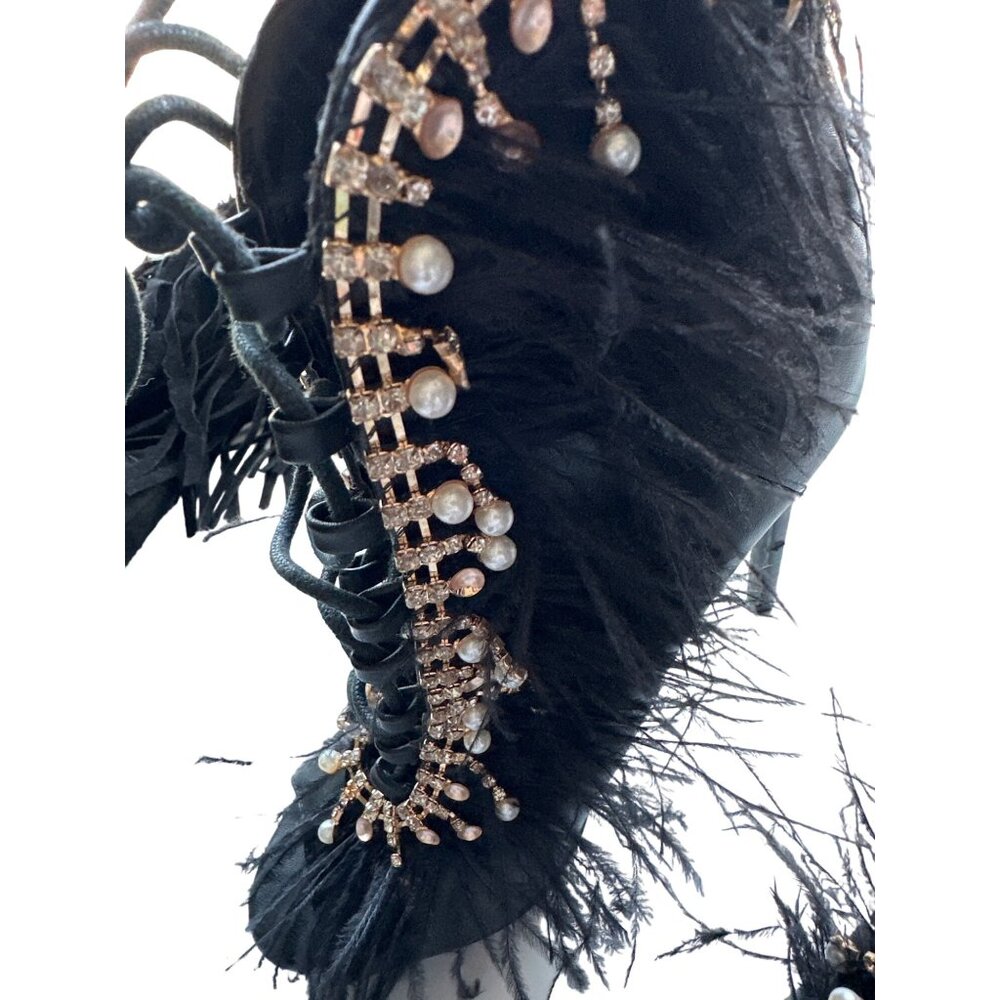 Feather Rhinestone Sexy Lace Heels Jubilee Ankle Bootie Black Peep Toe Pearl 7.5 - Picture 3 of 11